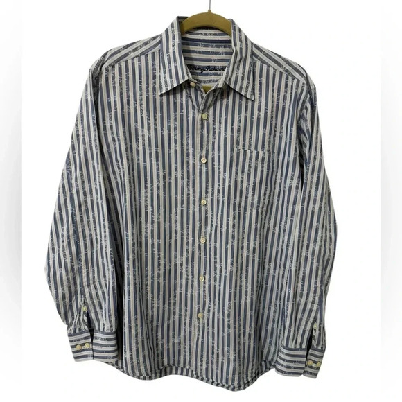 Tommy Bahama Silk Blend Blue & White Striped Floral Long Sleeve Button Down Lg - Picture 1 of 6